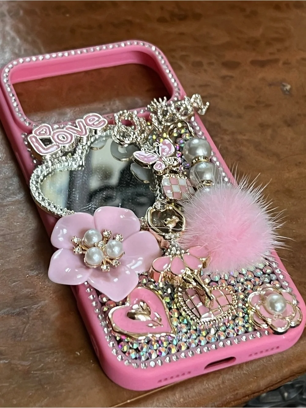 Pink Decorative Rhinestone iPhone Case with Mirror - features a ballerina